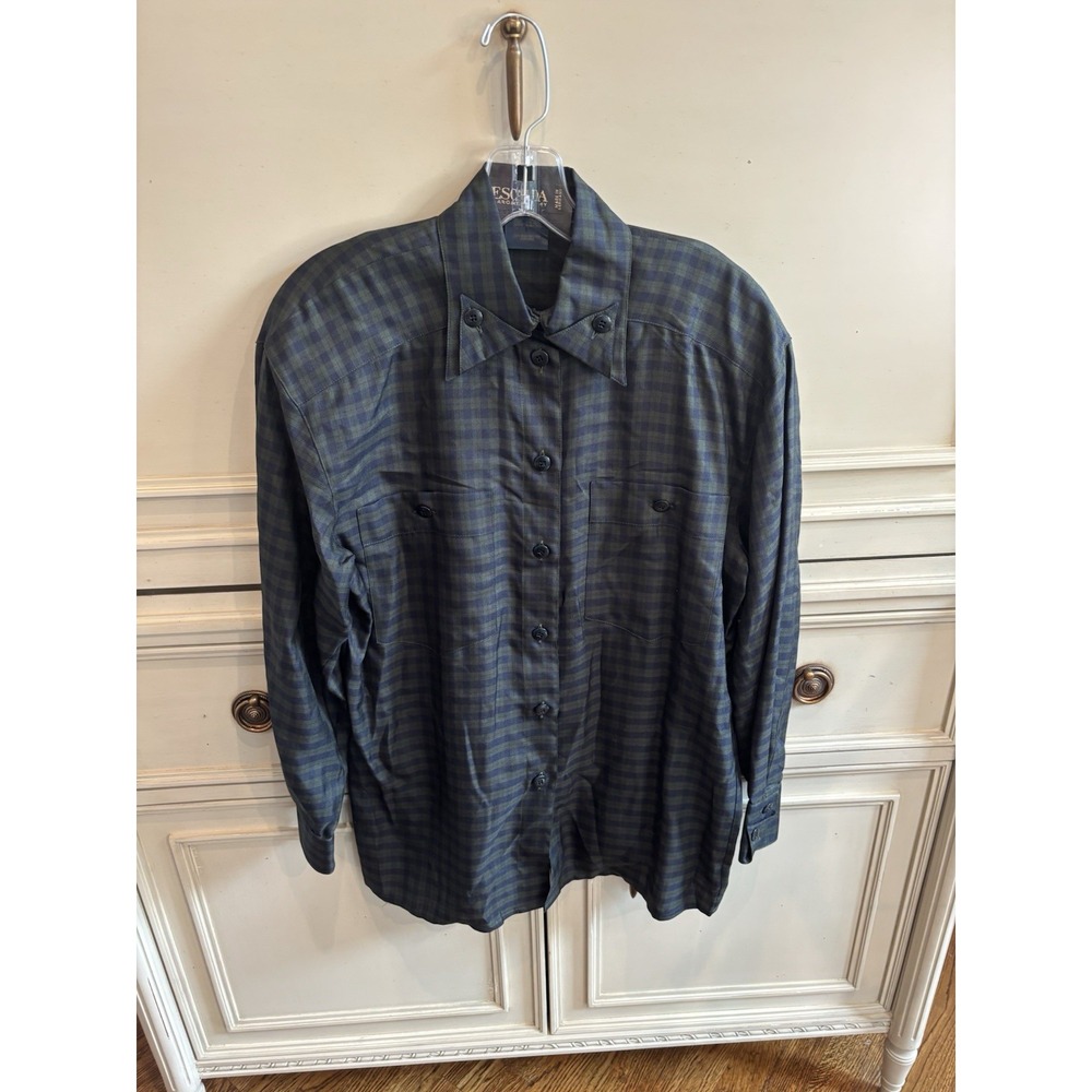 Escada Margaretha Ley Green Blue Plaid Button Up Long Sleeve Silk Blouse‎ 34/4